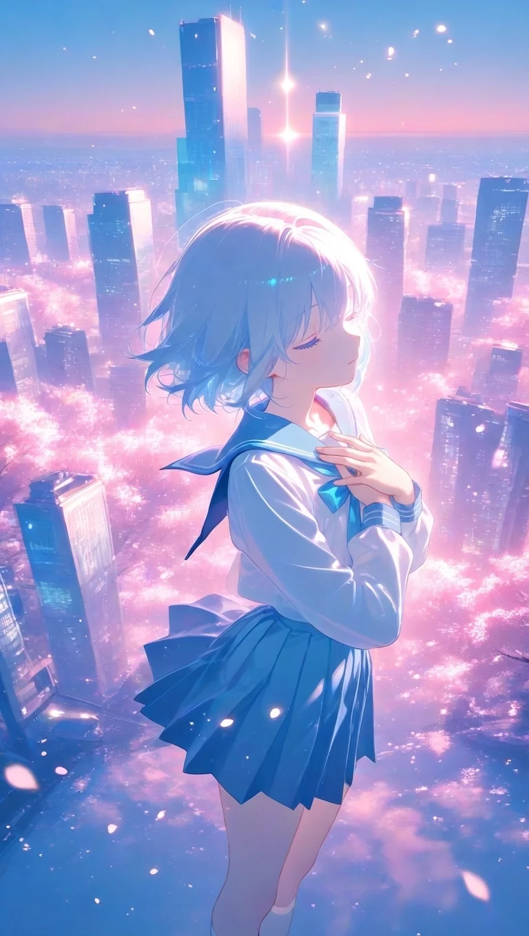 「ノイズの桜に舞う記憶」ジャケットビジュアル。夜の街並みと満開の桜を背に佇む少女。